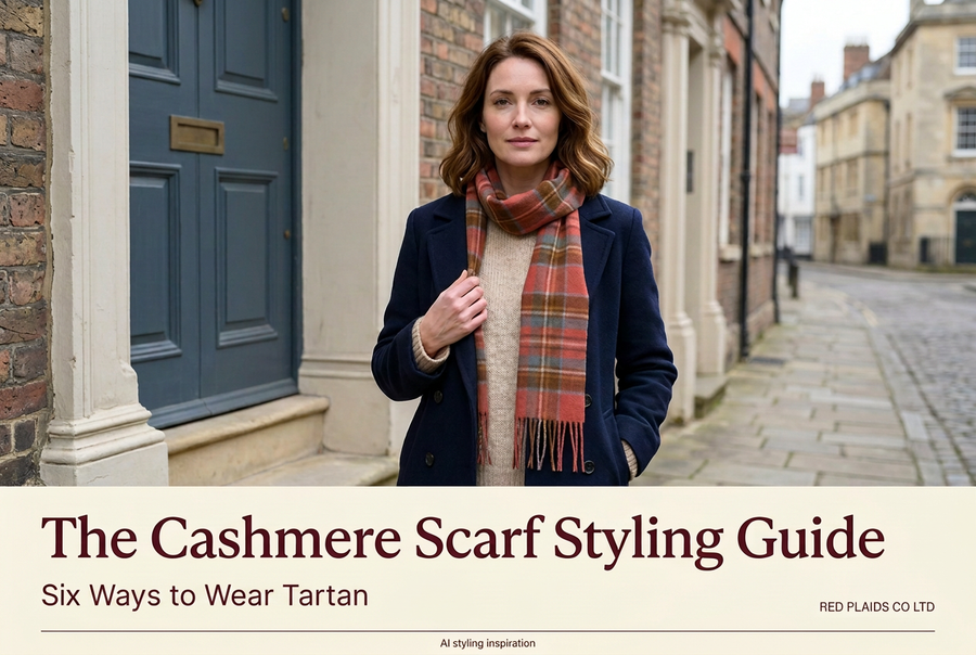 Woman wearing tartan scarf outside townhouses