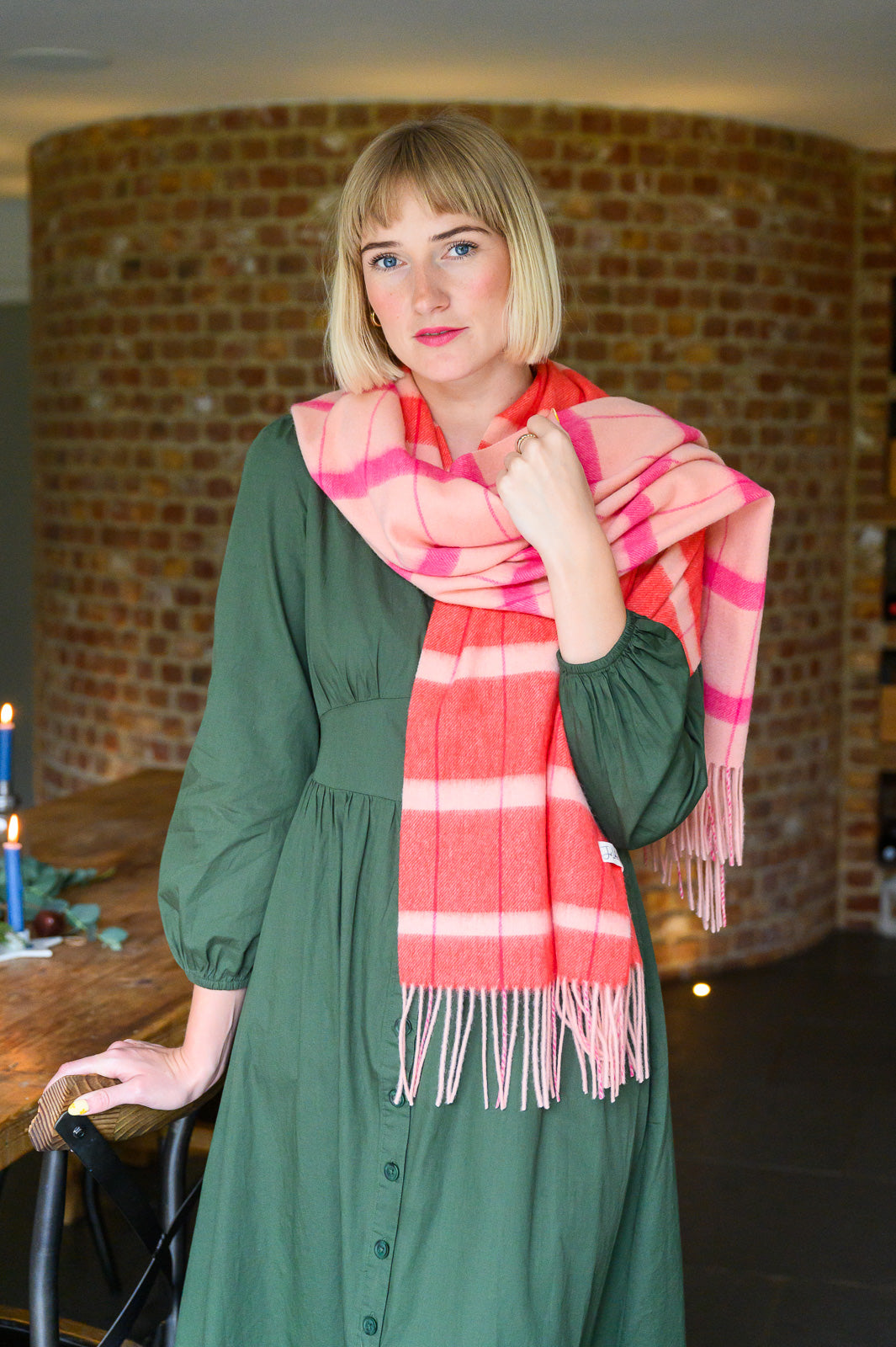 Pink Asymmetrical Check Lambswool Scarf