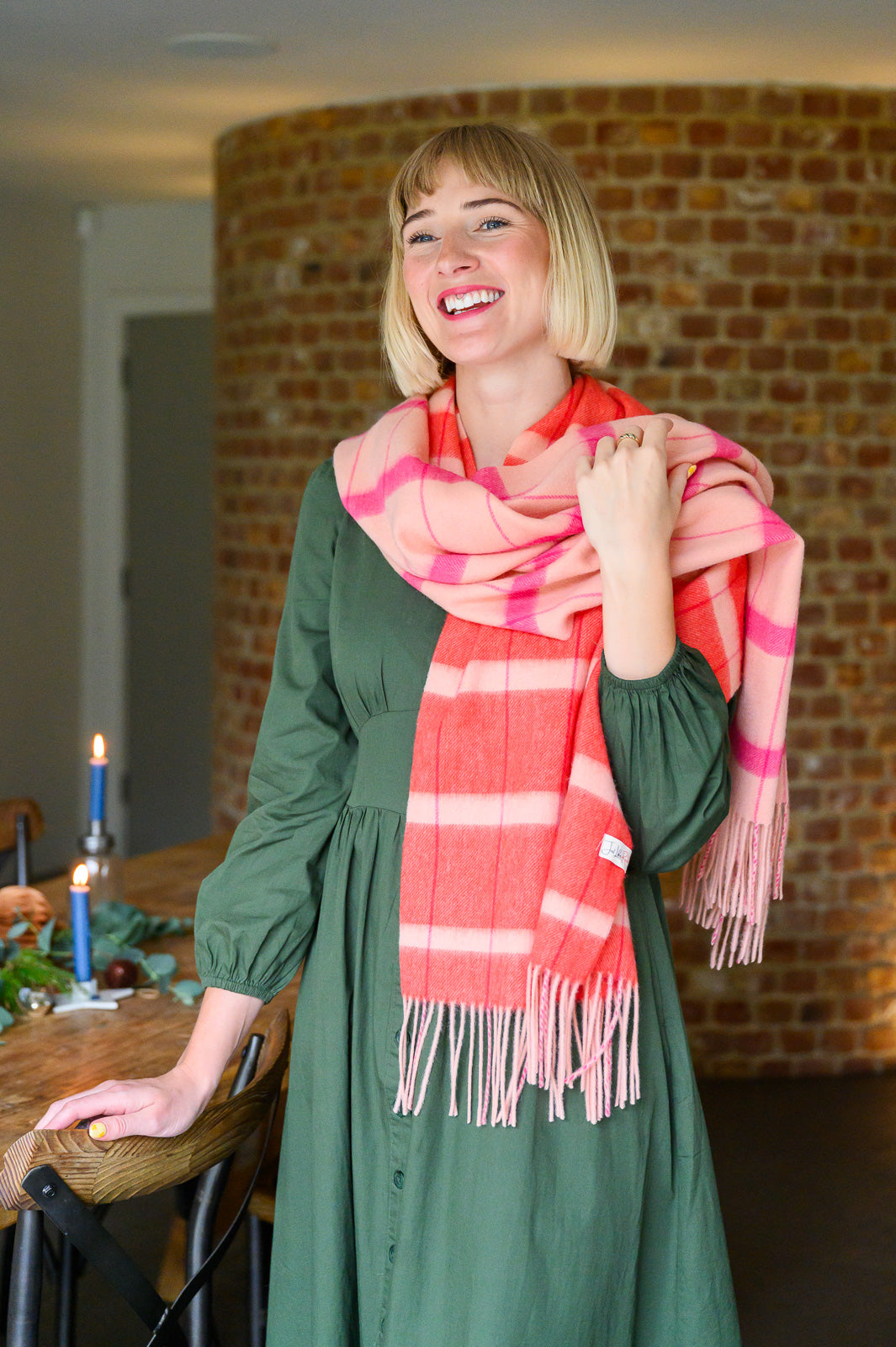 Pink Asymmetrical Check Lambswool Scarf