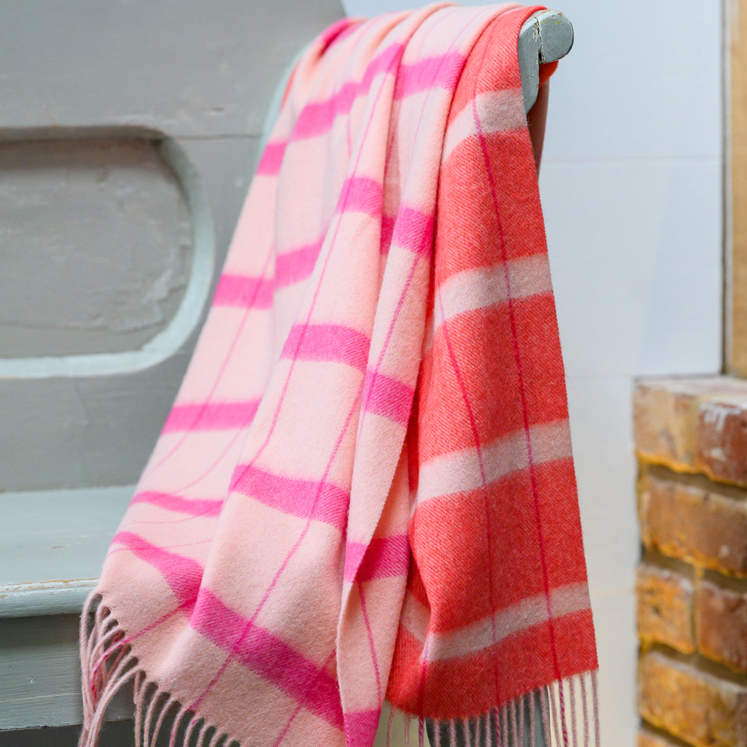 Pink Asymmetrical Check Lambswool Scarf